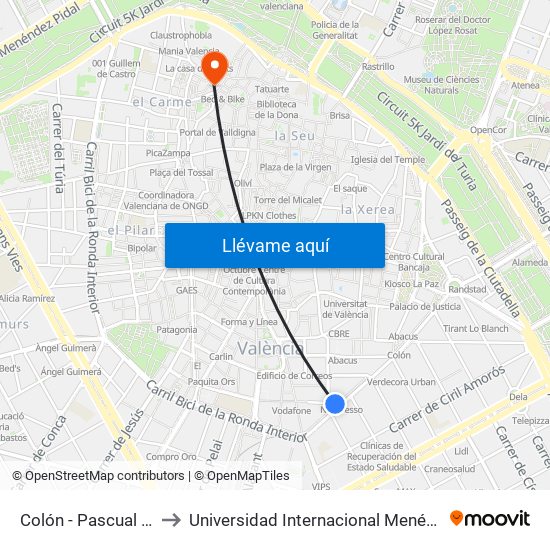 Colón - Pascual I Genís to Universidad Internacional Menéndez Pelayo map