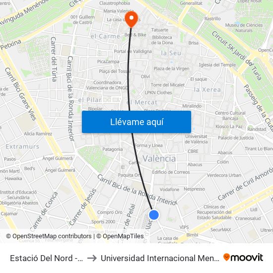 Estació Del Nord - Castelló to Universidad Internacional Menéndez Pelayo map