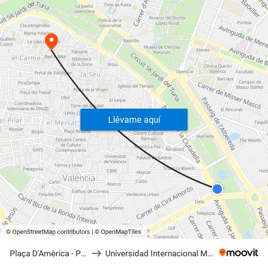 Plaça Amèrica to Universidad Internacional Menéndez Pelayo map