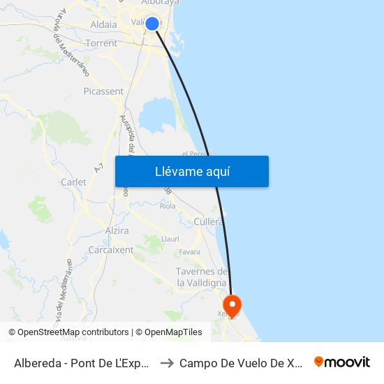 Albereda to Campo De Vuelo De Xaraco map