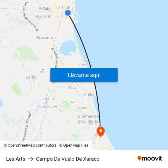 Les Arts to Campo De Vuelo De Xaraco map