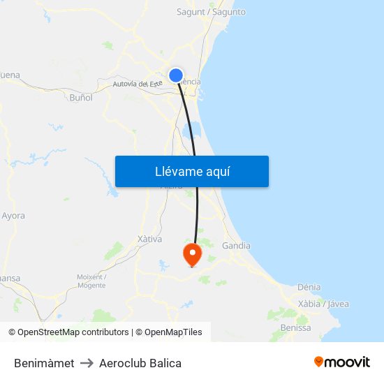 Benimàmet to Aeroclub Balica map