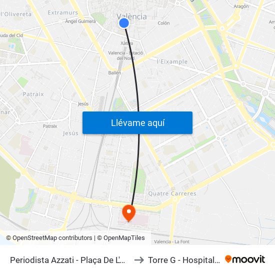 Plaça De L'Ajuntament - Periodista Azzati to Torre G - Hospitalización map