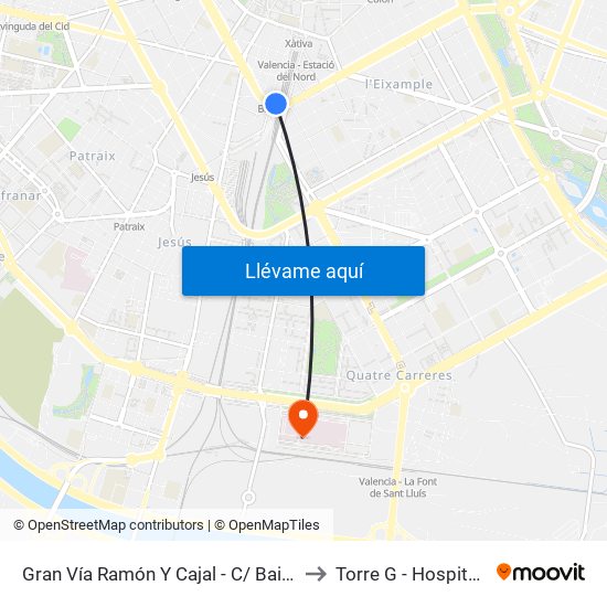 Gran Vía Ramón Y Cajal - C/ Bailén [València] to Torre G - Hospitalización map