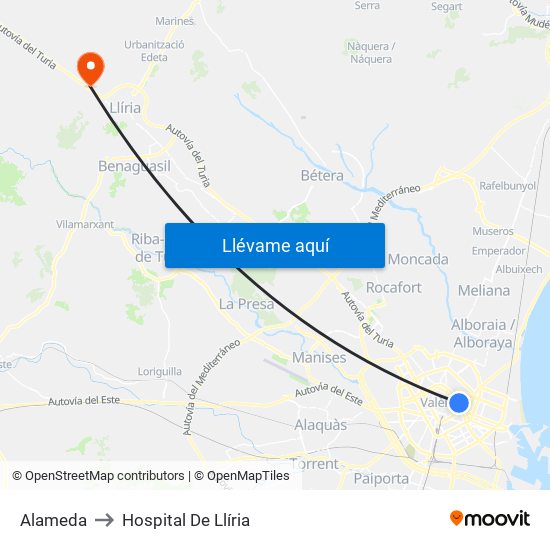 Alameda to Hospital De Llíria map