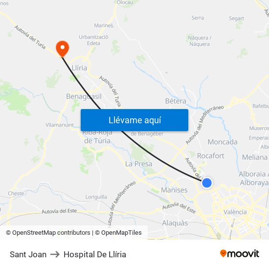 Sant Joan to Hospital De Llíria map