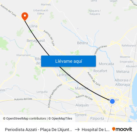 Plaça De L'Ajuntament - Periodista Azzati to Hospital De Llíria map