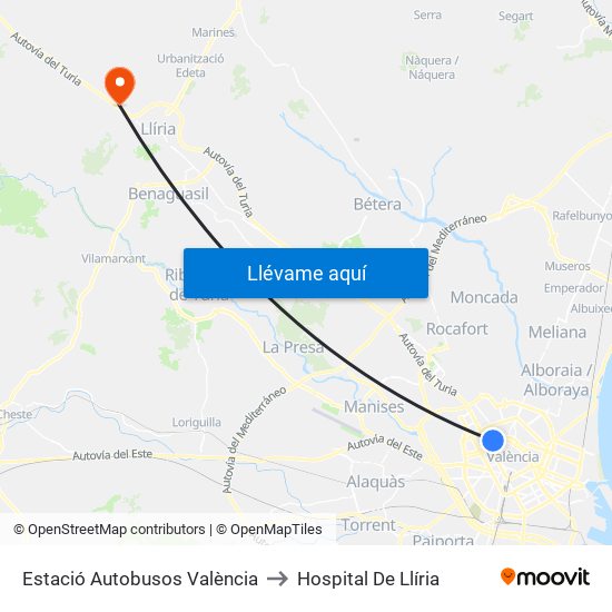 Estació Autobusos València to Hospital De Llíria map