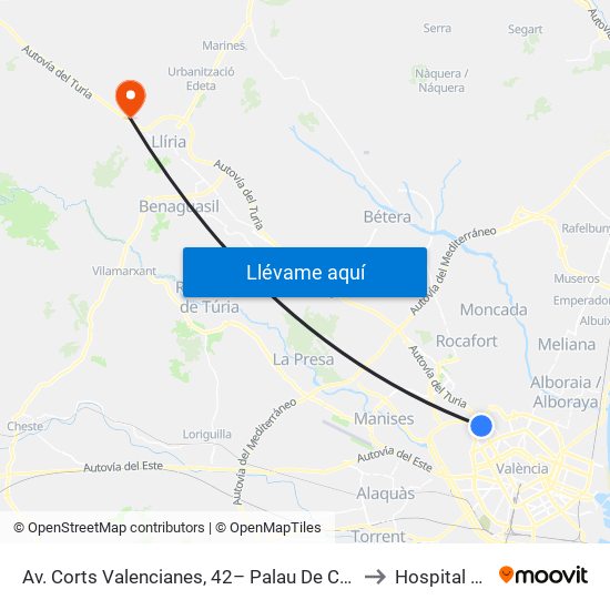 Av. Corts Valencianes, 42– Palau De Congressos [València] to Hospital De Llíria map