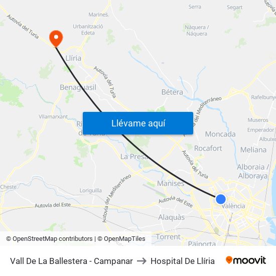 Vall De La Ballestera - Campanar to Hospital De Llíria map