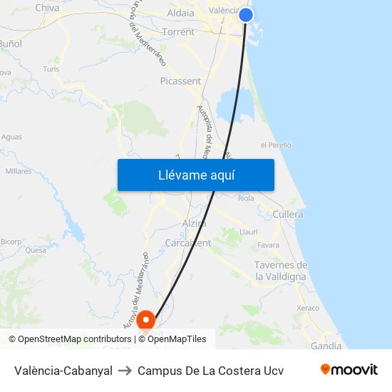 València-Cabanyal to Campus De La Costera Ucv map