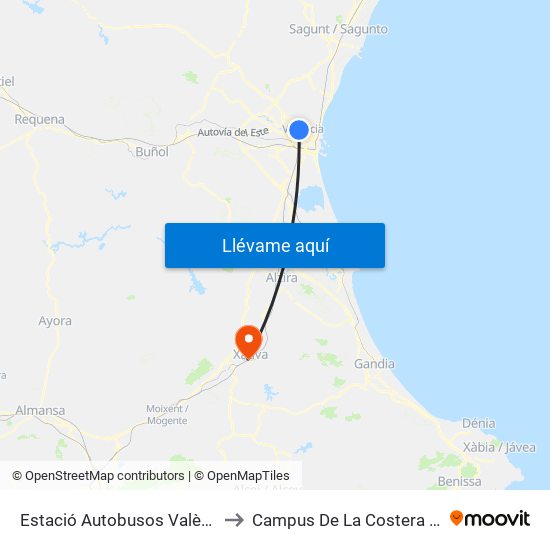 Estació Autobusos València to Campus De La Costera Ucv map