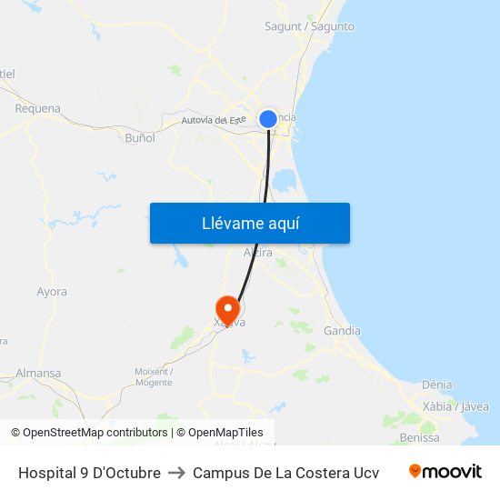 Hospital 9 D'Octubre to Campus De La Costera Ucv map