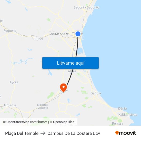 Plaça Del Temple to Campus De La Costera Ucv map