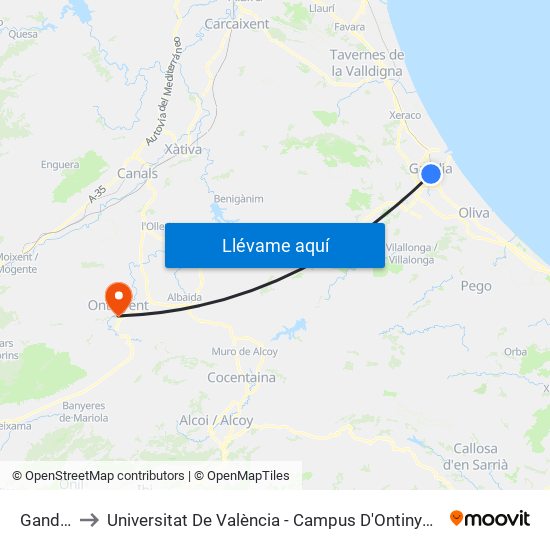 Gandía to Universitat De València - Campus D'Ontinyent map