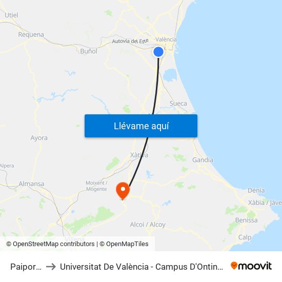 Paiporta to Universitat De València - Campus D'Ontinyent map