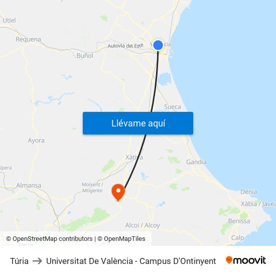 Túria to Universitat De València - Campus D'Ontinyent map