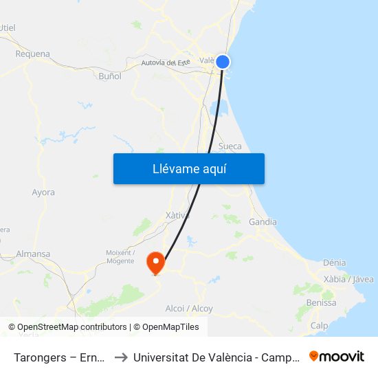 Tarongers – Ernest Lluch to Universitat De València - Campus D'Ontinyent map