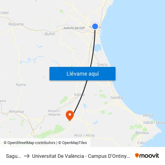 Sagunt to Universitat De València - Campus D'Ontinyent map