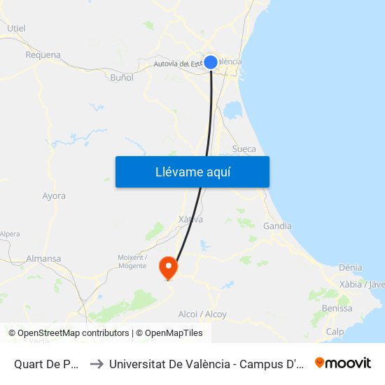 Quart De Poblet to Universitat De València - Campus D'Ontinyent map