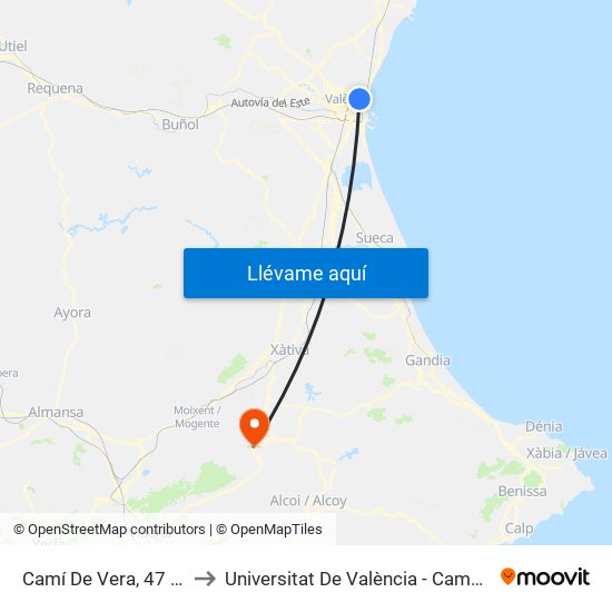 Camí De Vera, 47 [València] to Universitat De València - Campus D'Ontinyent map