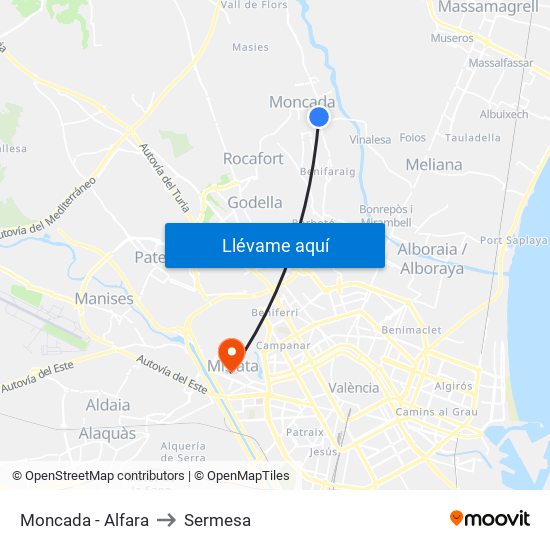 Moncada - Alfara to Sermesa map