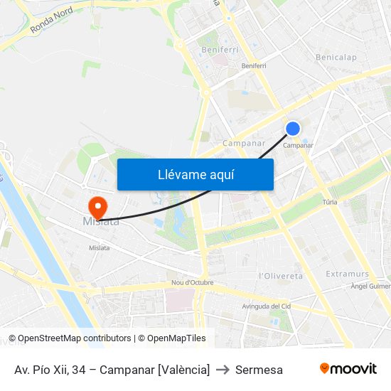 Av. Pío Xii, 34 – Campanar [València] to Sermesa map