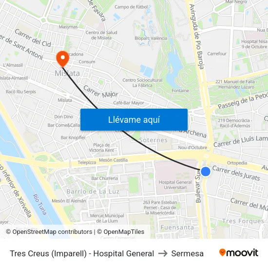 Tres Creus (Imparell) - Hospital General to Sermesa map