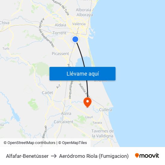 Alfafar-Benetússer to Aeródromo Riola (Fumigacion) map