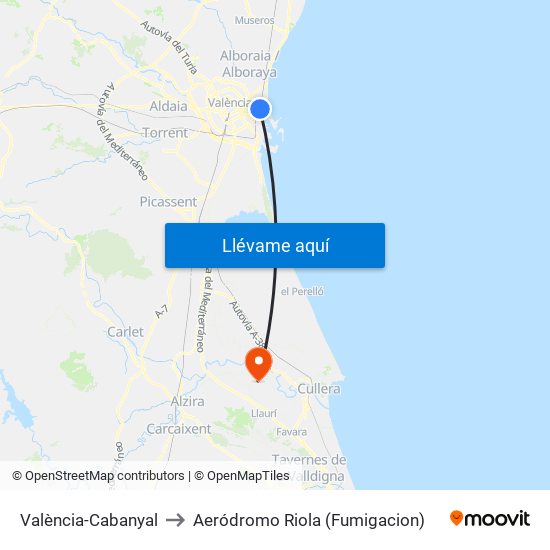 València-Cabanyal to Aeródromo Riola (Fumigacion) map