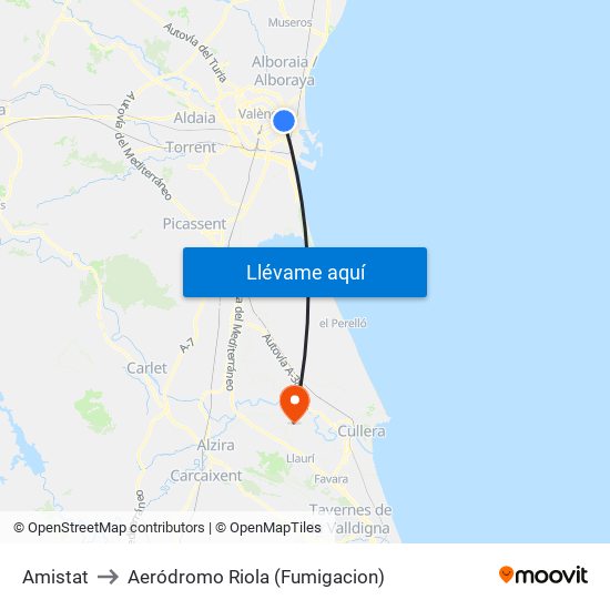 Amistat to Aeródromo Riola (Fumigacion) map