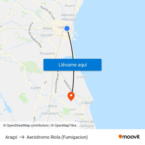 Aragó to Aeródromo Riola (Fumigacion) map