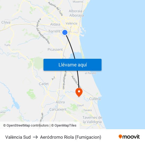 València Sud to Aeródromo Riola (Fumigacion) map