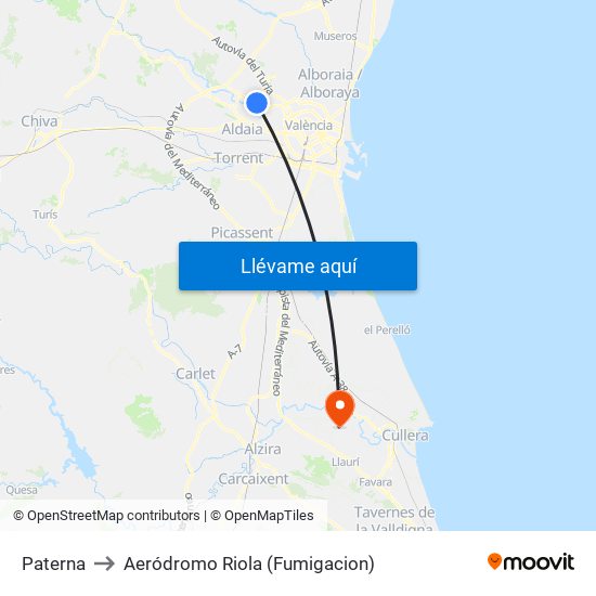 Paterna to Aeródromo Riola (Fumigacion) map