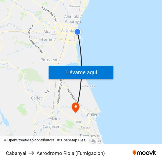 Cabanyal to Aeródromo Riola (Fumigacion) map