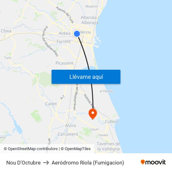 Nou D'Octubre to Aeródromo Riola (Fumigacion) map