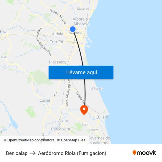 Benicalap to Aeródromo Riola (Fumigacion) map