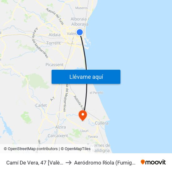 Camí De Vera, 47 [València] to Aeródromo Riola (Fumigacion) map