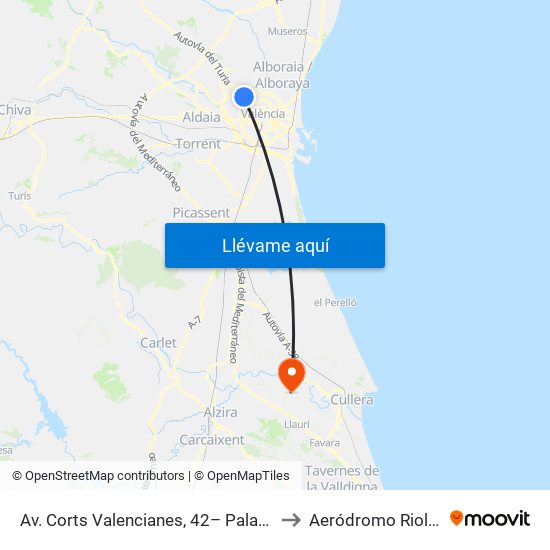 Av. Corts Valencianes, 42– Palau De Congressos [València] to Aeródromo Riola (Fumigacion) map