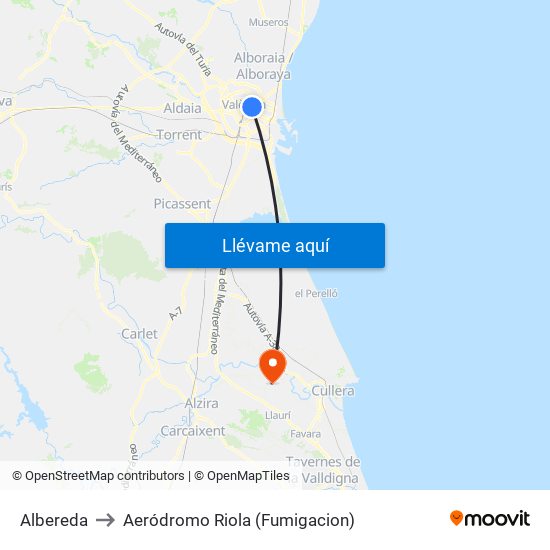 Albereda to Aeródromo Riola (Fumigacion) map