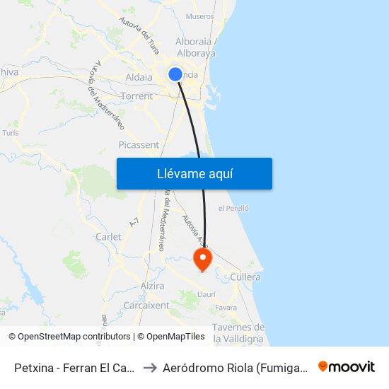 Petxina - Ferran El Catòlic to Aeródromo Riola (Fumigacion) map