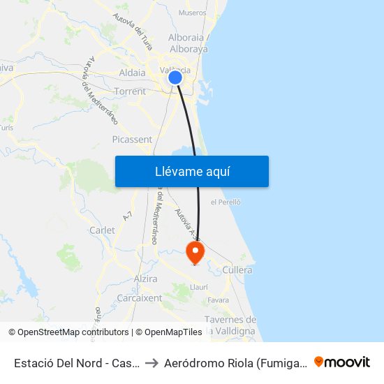 Estació Del Nord - Castelló to Aeródromo Riola (Fumigacion) map