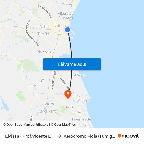 Eivissa - Prof.Vicente Llorens to Aeródromo Riola (Fumigacion) map