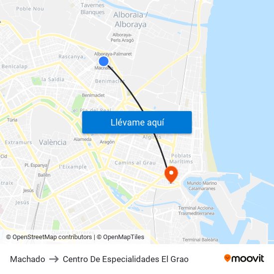 Machado to Centro De Especialidades El Grao map