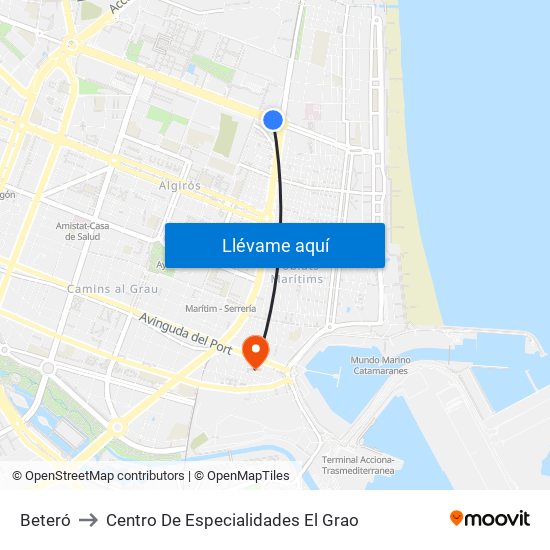 Beteró to Centro De Especialidades El Grao map