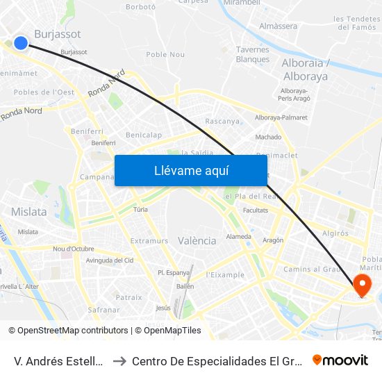 V. Andrés Estellés to Centro De Especialidades El Grao map