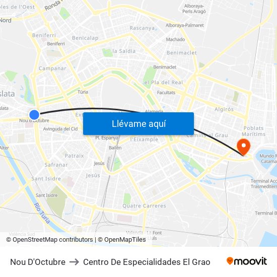 Nou D'Octubre to Centro De Especialidades El Grao map