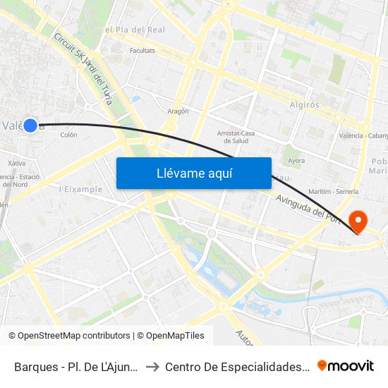 Barques - Plaça De L'Ajuntament to Centro De Especialidades El Grao map
