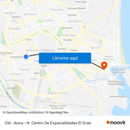 Cid - Aiora to Centro De Especialidades El Grao map