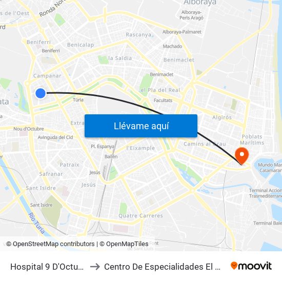 Hospital 9 D'Octubre to Centro De Especialidades El Grao map